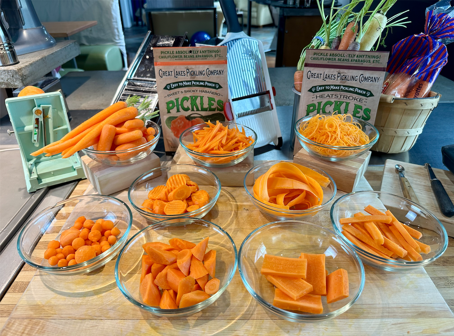 Variety of carrot cuts and slices for pickling carrots at home