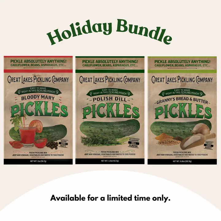 holiday pickling pouches - polish dill, bloody mary, bread & butter